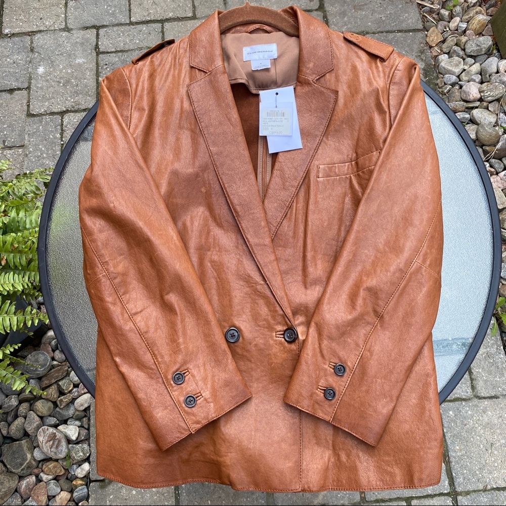 BNWT CLUB MONACO DOUBLE BREASTED GENUINE LEATHER BLAZER JACKET in SADDLE BROWN